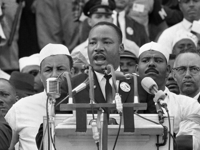 In this Aug. 28, 1963, black-and-white file photo Dr. Martin Luther King Jr. addresses marchers during his "I Have a Dream" speech at the Lincoln Memorial in Washington.