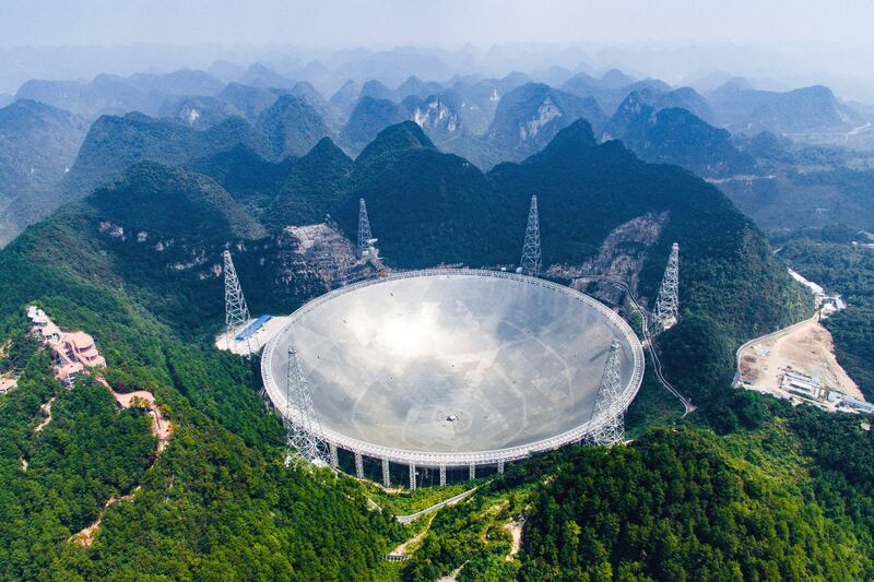 An aerial view shows the Five-hundred-meter Aperture Spherical Telescope (FAST) in the remote Pingtang county in southwest China’s Guizhou province.