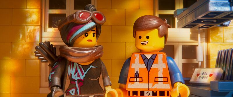 Lucy, left, voiced by Elizabeth Banks, and Emmet, voiced by Chris Pratt, in a scene from "The Lego Movie 2: The Second Part."