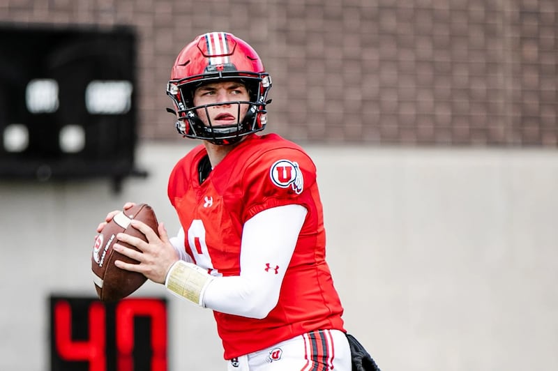 Utah quarterback Brandon Rose looks to pass during 2023 spring drills at the University of Utah in Salt Lake City.