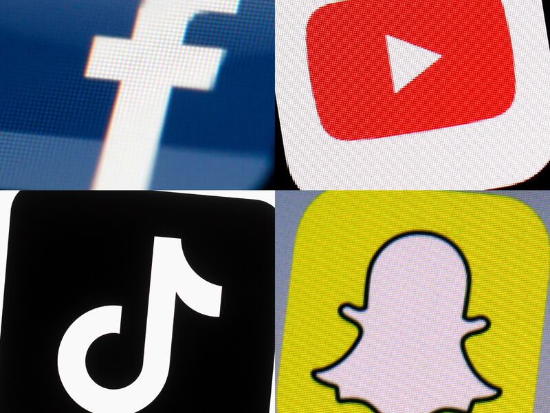 This combo photo shows the logos of Facebook, top left; YouTube, top right; TikTok, bottom left; and Snapchat, bottom right, on mobile devices.