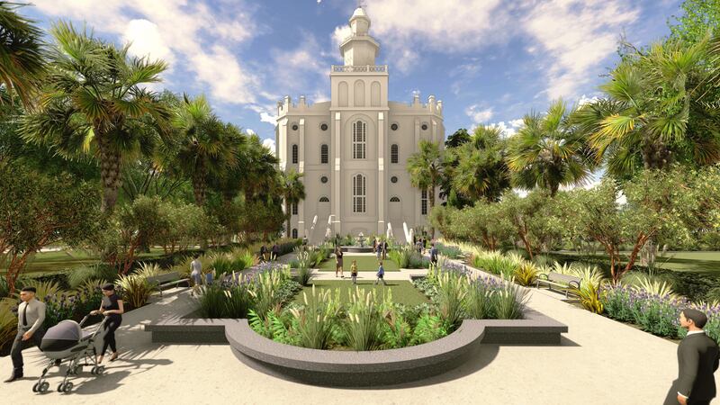 Rendering of the east elevation plaza at the St. George Utah Temple. The temple will close Nov. 4 for extensive renovations.
