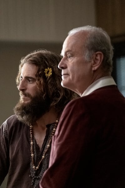 Jonathan Roumie as Lonnie Frisbee and Kelsey Grammer as Chuck Smith in “Jesus Revolution.”