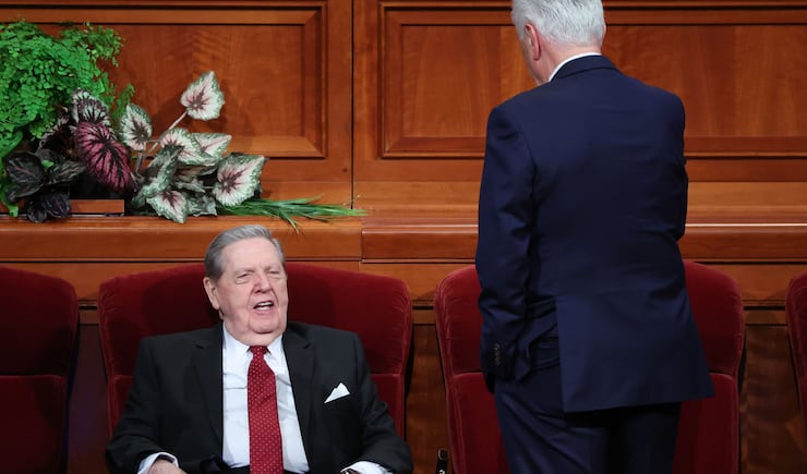 Elder Jeffrey R. Holland, left, and Elder Dieter F. Uchtdorf, both members of The Church of Jesus Christ of Latter-day Saints' Quorum of the Twelve Apostles, greet each other prior to the church's 192nd Annual General Conference at the Conference Center in Salt Lake City on Saturday, April 2, 2022.