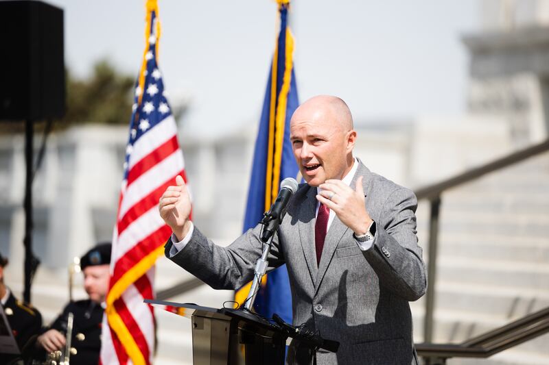 Utah Gov. Spencer Cox speaks during a Memorial Day commemoration at the Capitol in Salt Lake City.