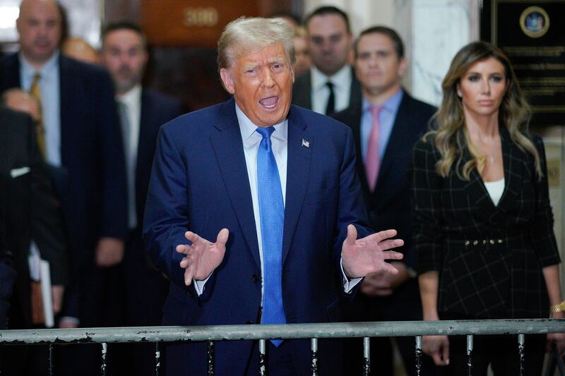 Former President Donald Trump speaks outside the courtroom at New York Supreme Court on Nov. 6, 2023, in New York.