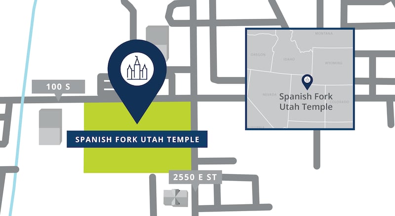 A map with a pin showing the location of the Spanish Fork Utah Temple site, with nearby roads.