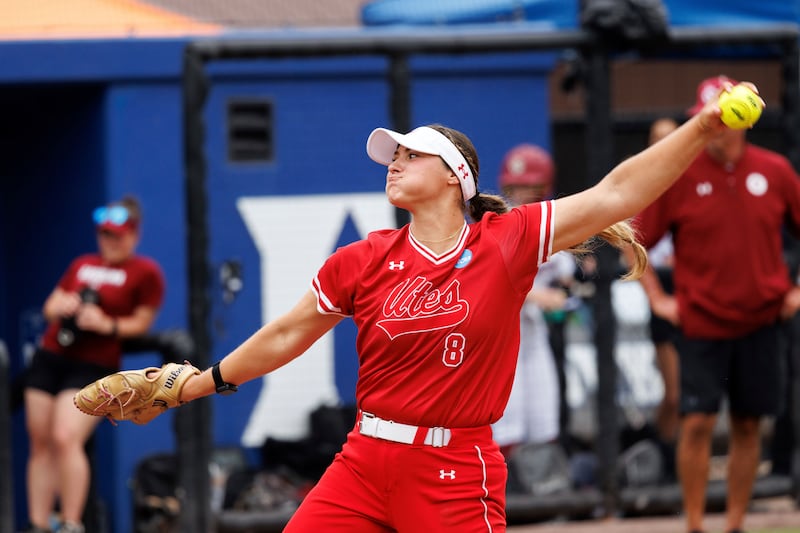 Utah's Mariah Lopez (8) pitches during an NCAA college softball game against South Carolina on Friday, May 17, 2024, in Durham, N.C. (AP Photo/Ben McKeown)