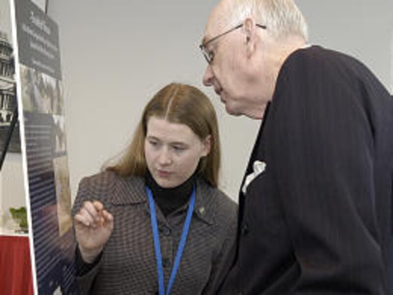 Shannon Babb of Highland talks with Sen. Bob Bennett in Washington, D.C., where Babb won the Intel Science Talent Search and a $100,000 scholarship.
