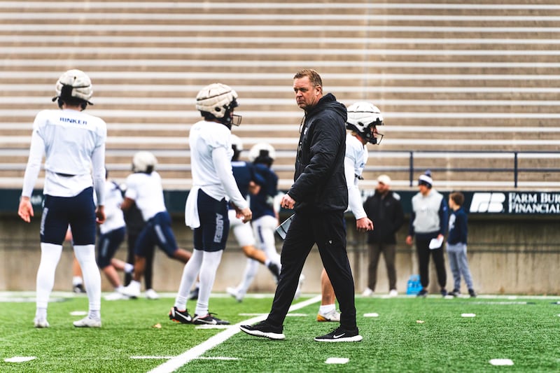 Utah State coach Bronco Mendenhall during spring practice in Logan.
