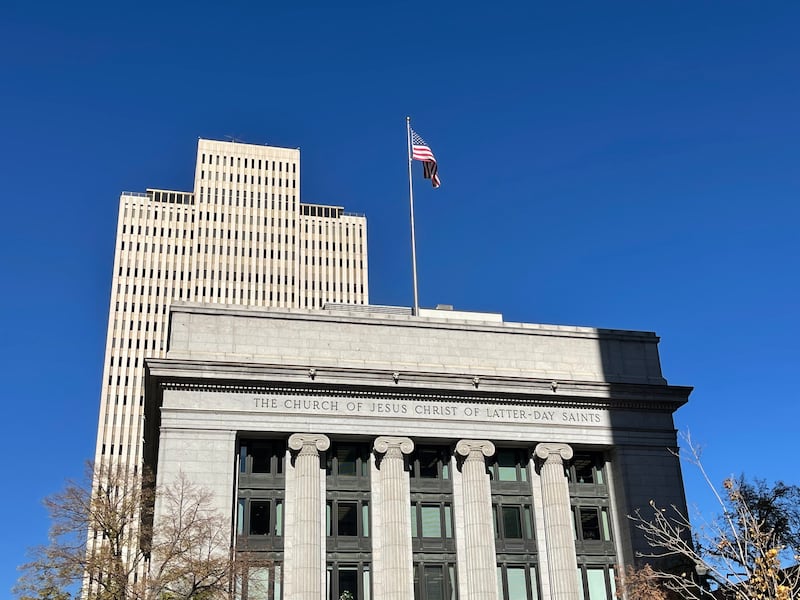 The Church Administration Building (foreground) and the Church Office Building are shown on Nov. 4, 2025.