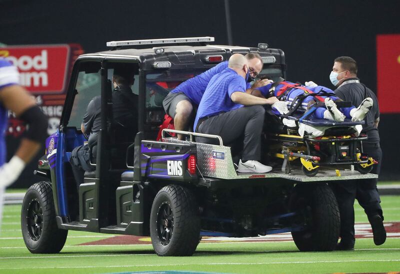 Brigham Young Cougars defensive back Keenan Ellis (2) is injured during the Vegas Kickoff Classic.