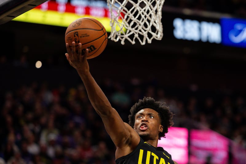 Utah Jazz guard Collin Sexton (2) shoots the ball during a NBA basketball game between the Utah Jazz and the Miami Heat at the Delta Center in Salt Lake City on Saturday, Dec. 30, 2023.