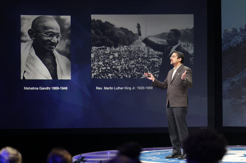 Shankar Vedantam delivers the BYU forum address in the Marriott Center in Provo.