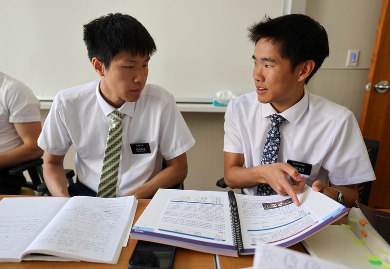 Elder Don Lai and Elder Ethan Chang study Mandarin Chinese at the Missionary Training Center in Provo.