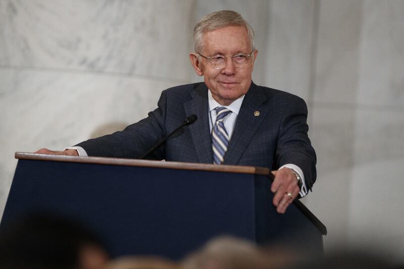 Sen. Harry Reid, D-Nev., speaks during during a ceremony to unveil his portrait, on Capitol Hill, on Thursday, Dec. 8, 2016, in Washington, D.C.