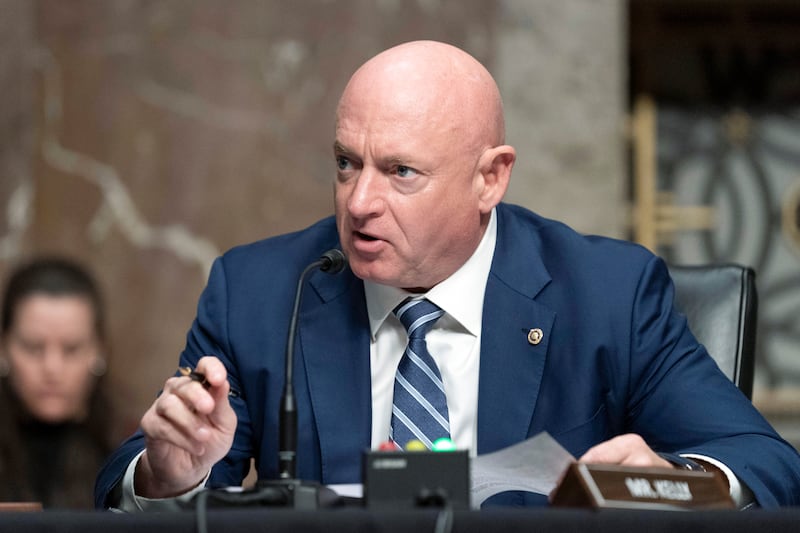Sen. Mark Kelly, D-Ariz., speaks during a hearing of the Senate Armed Services Committee