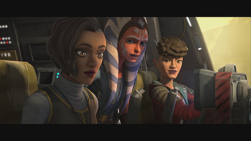 Rafa Martez, Ahsoka Tano and Trace Martez on a dangerous mission in “Star Wars: The Clone Wars,” exclusively on Disney Plus.