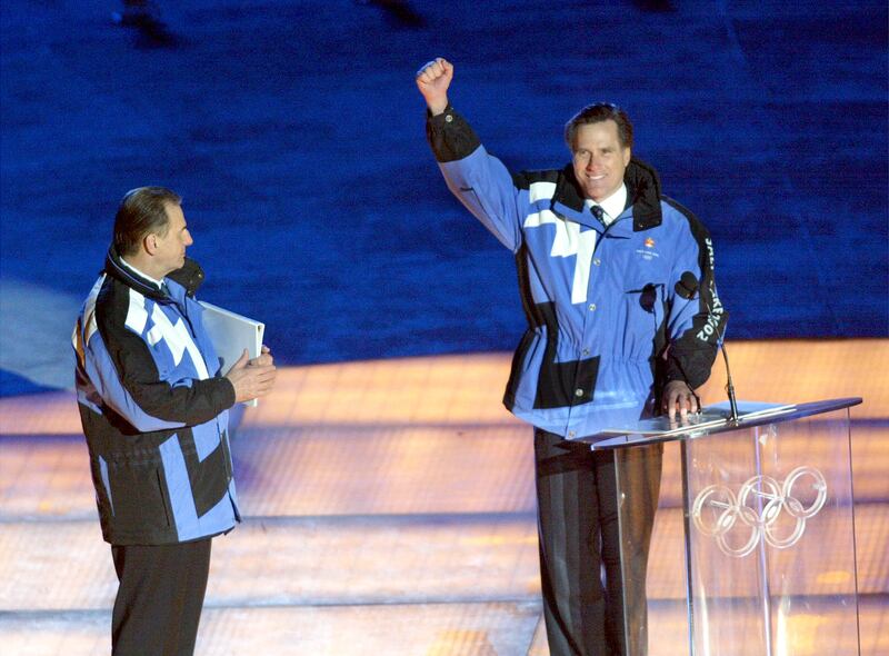 Mitt Romney appears during the opening ceremonies of the 2002 Salt Lake Winter Olympics.