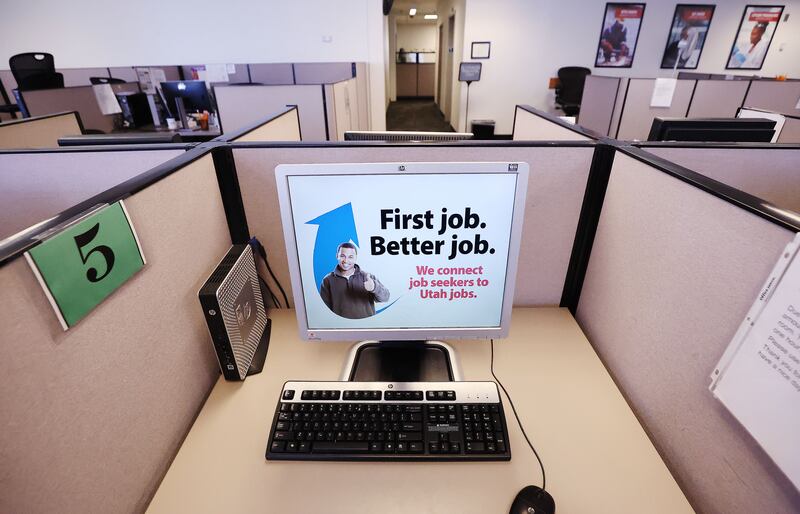 A desk at the Utah Department of Workforce Services’ South County Employment Center in Taylorsville.