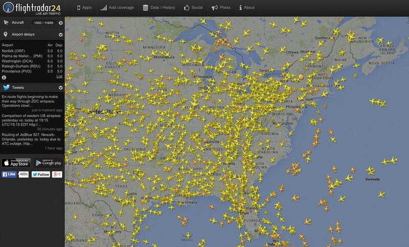 This image made from the website Flightradar24.com shows air traffic over the eastern half of the United States on Saturday, Aug. 15, 2015 at 4 p.m. EDT. Flights bound for the Washington area and some flights from airports in the New York City area that m