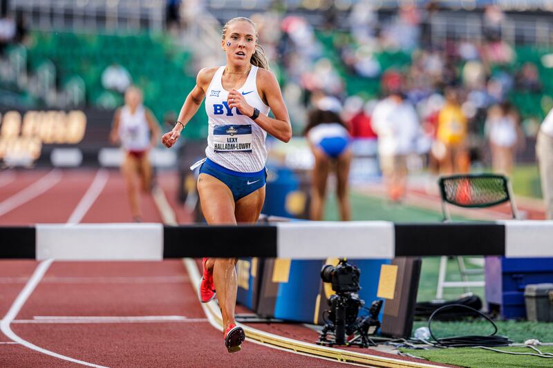 BYU's Lexi Lowry competes in the women's steeplechase at the NCAA track and field championships in Eugene, Oregon, 14, 2025. Lowery placed second.