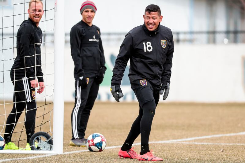 Goalkeeper Nick Rimando laughs during a Real Salt Lake practice at America First Field in Sandy on Thursday, Feb. 28, 2019.