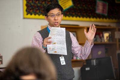 Jim Chen, founder of Qiao Qiao Chinese, talks about the company's language program at Fremont Elementary School in Sunset on Monday, Jan. 14, 2019. Once a week, students at the school receive live online training in Mandarin from tutors from the company,