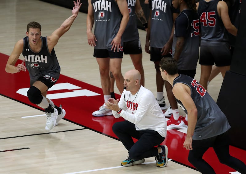University of Utah head basketball coach Craig Smith runs practice at the Huntsman Basketball Facility in Salt Lake City on Sept. 26, 2023.