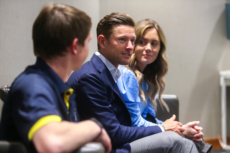 Alex Krambule, Gail Miller's grandson-in-law, discuss plans for charitable giving with grandson-in-law Jason Hawks and granddaughter Courtney Hawks in Sandy on Thursday, April 25, 2019. In 2016, Gail Miller launched an effort to get the generation whom sh