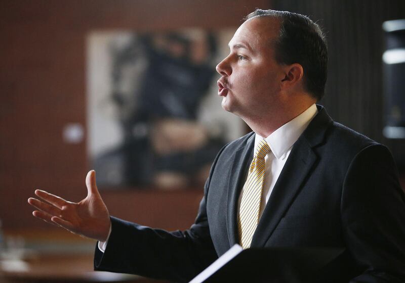 FILE — Senator Mike Lee (R-UT) speaks during a Breakfast and Conversation event for Utah young professionals in the tech industry at Church & State in Salt Lake City Wednesday, Jan. 6, 2016.