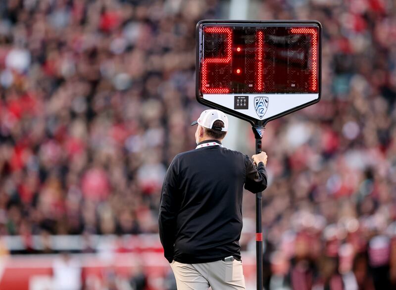 The timeout clock runs as the Utes and Trojans play at Rice-Eccles Stadium in Salt Lake City on Saturday, Oct. 15, 2022.