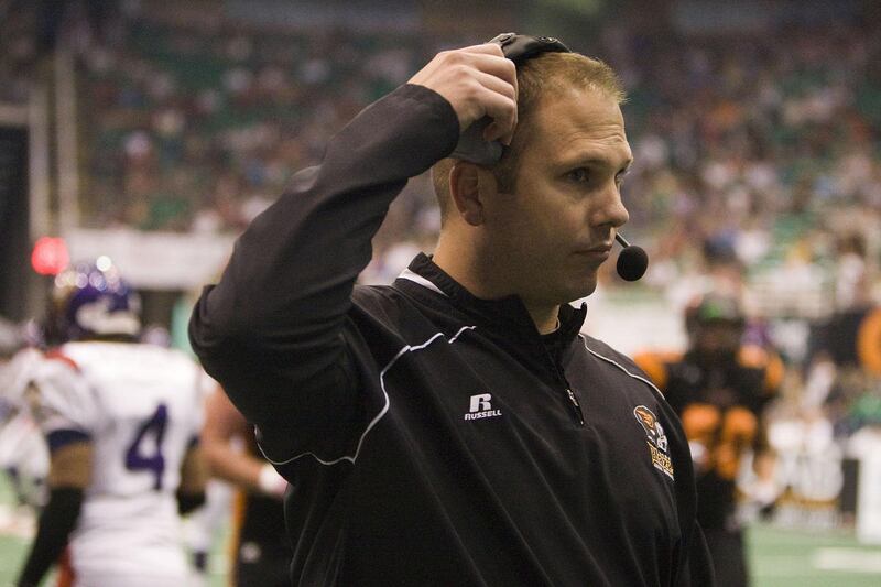 Utah Blaze Offensive Coordinator Matthew Sauk returns to the bench after a fumble as the Blaze host the New Orleans Voodoo at Energy Solutions Arena in Salt Lake City on Saturday, July 16, 2011.