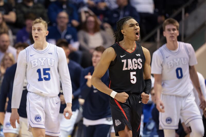 Gonzaga guard Hunter Sallis reacts during game against the BYU Cougars at the Marriott Center in Provo on Jan. 12, 2023.