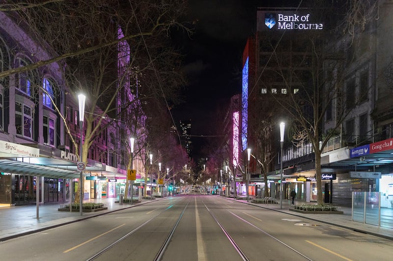 An empty Swanston Street in Melbourne.
