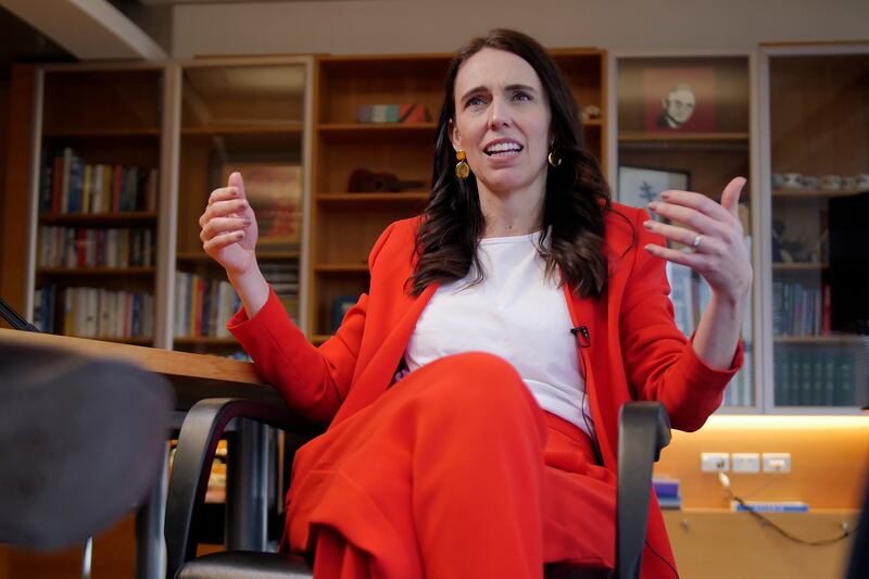 New Zealand Prime Minister Jacinda Ardern speaks during an interview in her office.