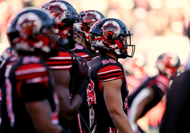Utah players get warmed up to play USC at Rice-Eccles Stadium in Salt Lake City on Oct. 15, 2022.