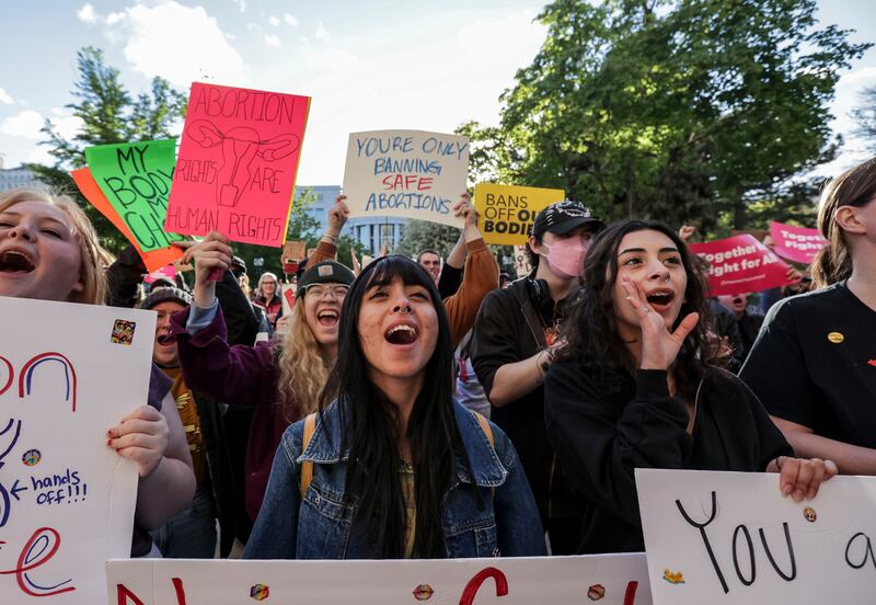 Protesters chant during a rally for abortion rights at Washington Park in Salt Lake City on Tuesday, May 3, 2022.
