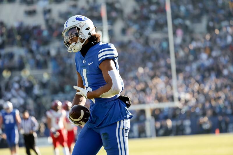 BYU wide receiver Keanu Hill celebrates after making a touchdown catch against Utah Tech at LaVell Edwards Stadium.