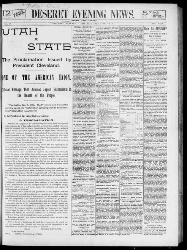 Deseret News archives: Utah admitted to the Union on this day 130 years ago
