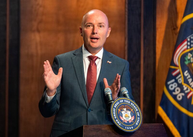 Gov. Spencer Cox speaks at his monthly news conference at the Eccles Broadcast Center in Salt Lake City on Thursday, Aug. 18, 2022.