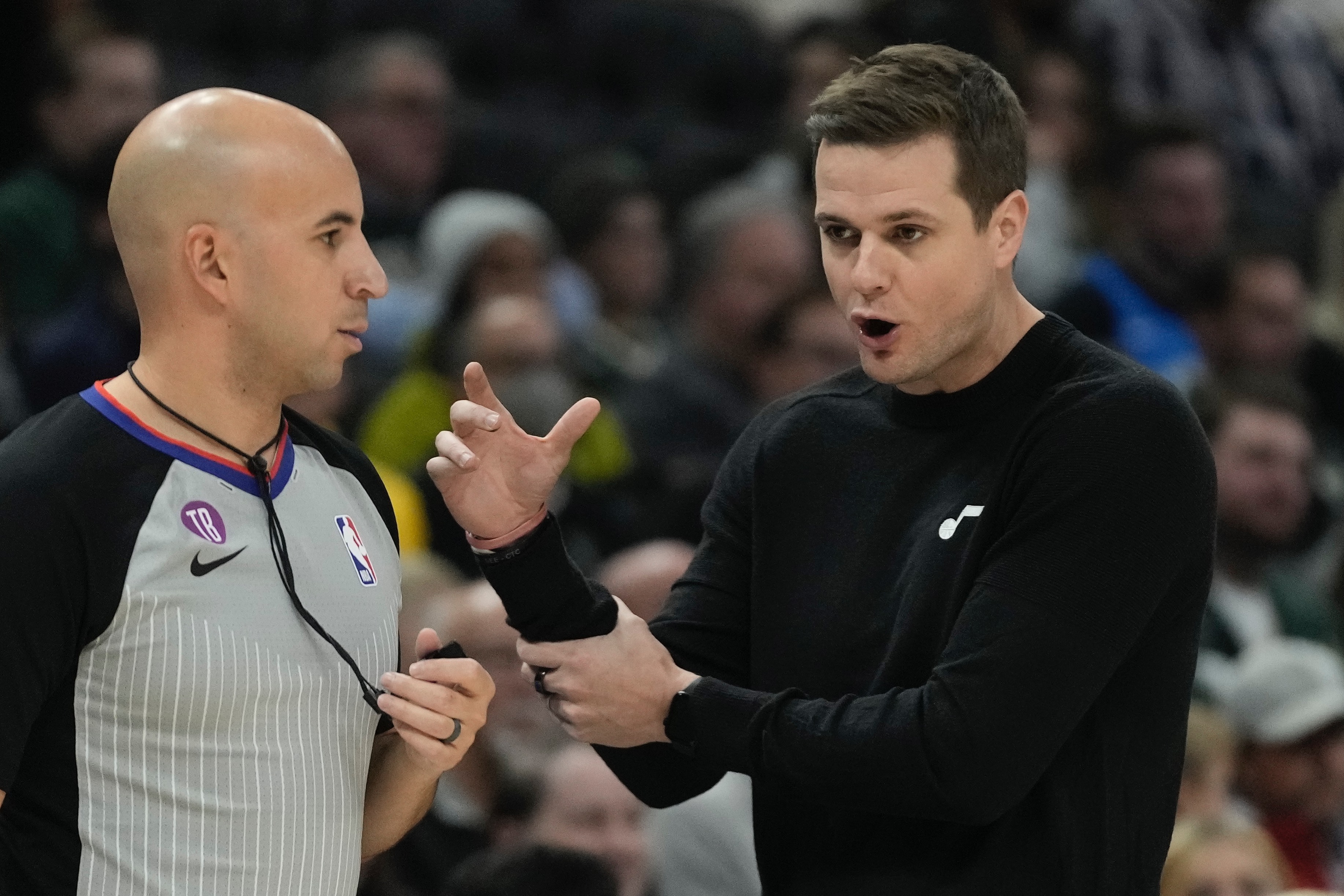 Utah Jazz head coach Will Hardy argues a call during the first half of an NBA basketball game Saturday, Dec. 17, 2022, in Milwaukee. (AP Photo/Morry Gash)