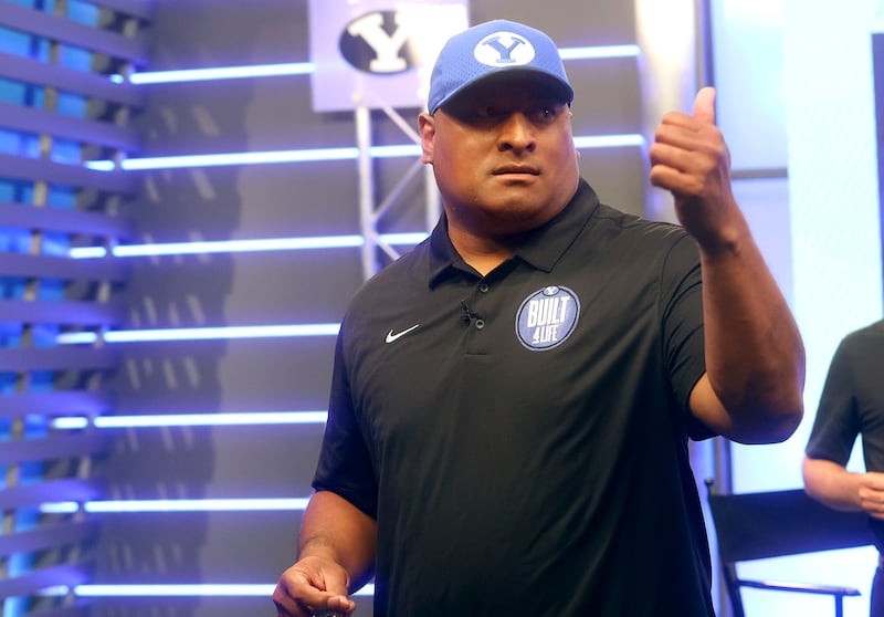 BYU football coach Kalani Sitake gives a thumbs-up during BYU football media day at the BYU Broadcasting Building in Provo.
