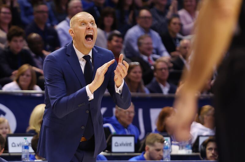 BYU head coach Mark Pope yells out instructions as BYU and Utah play at the Marriott Center in Provo on Saturday, Dec. 17, 2022.