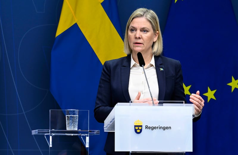 Swedish Prime Minister Magdalena Andersson speaks during a press conference.