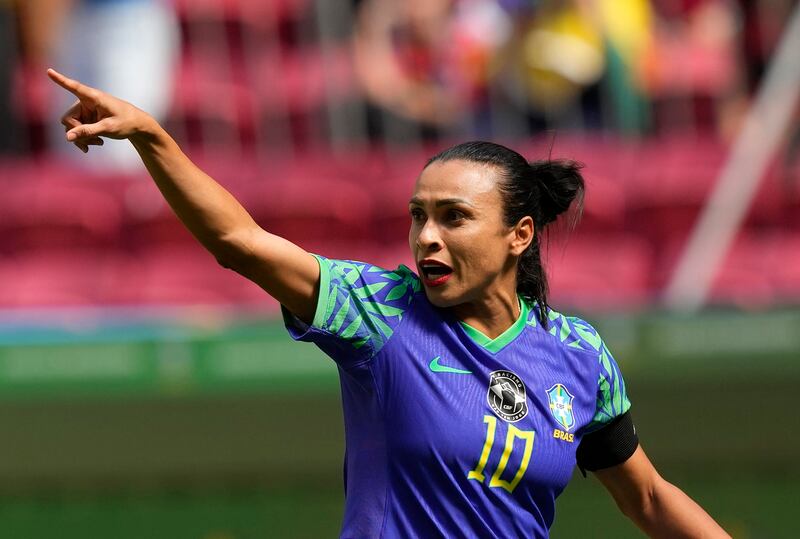 Brazil’s Marta reacts during a women’s international friendly soccer match against Chile at Mane Garrincha Stadium.