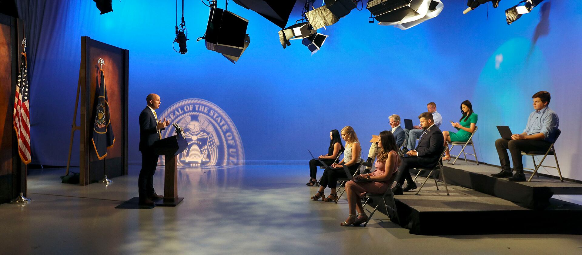 Gov. Spencer Cox speaks at the PBS Utah Governor’s Monthly News Conference at the Eccles Broadcast Center in Salt Lake City.