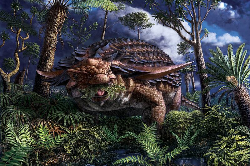 Life reconstruction of the Cretaceous Period armoured dinosaur Borealopelta markmitchelli, which lived 110 million years ago in what is now Alberta, Canada, eating ferns.