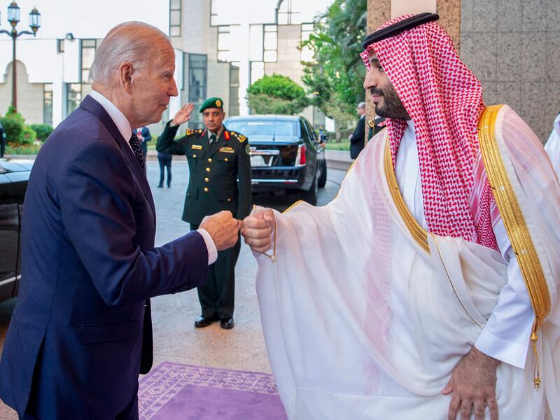 President Joe Biden, left, greets Saudi Crown Prince Mohammed bin Salman with a fist-bump in Saudi Arabia.