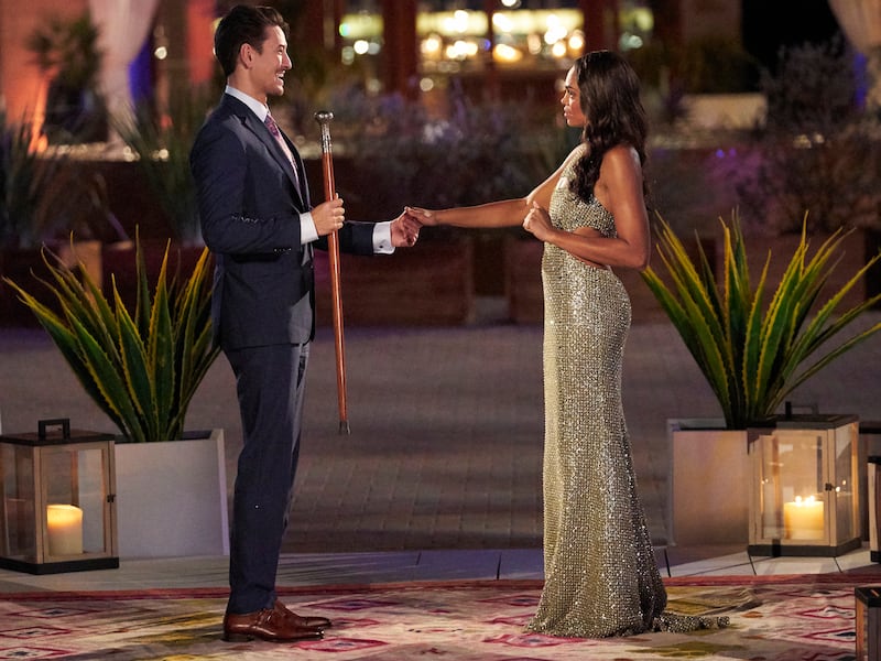 Garrett Aida, a former BYU student, and Michelle Young appear on “The Bachelorette.”